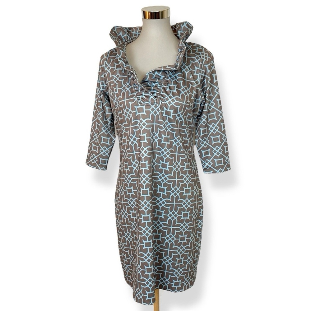 Gretchen Scott Designs Taupe and Light Blue Ruffnecj Sheath Dress